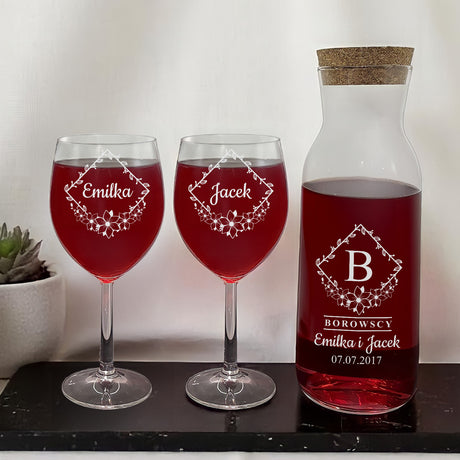 Zestaw karafka + dwa kieliszki do wina - MONOGRAM RODZINA